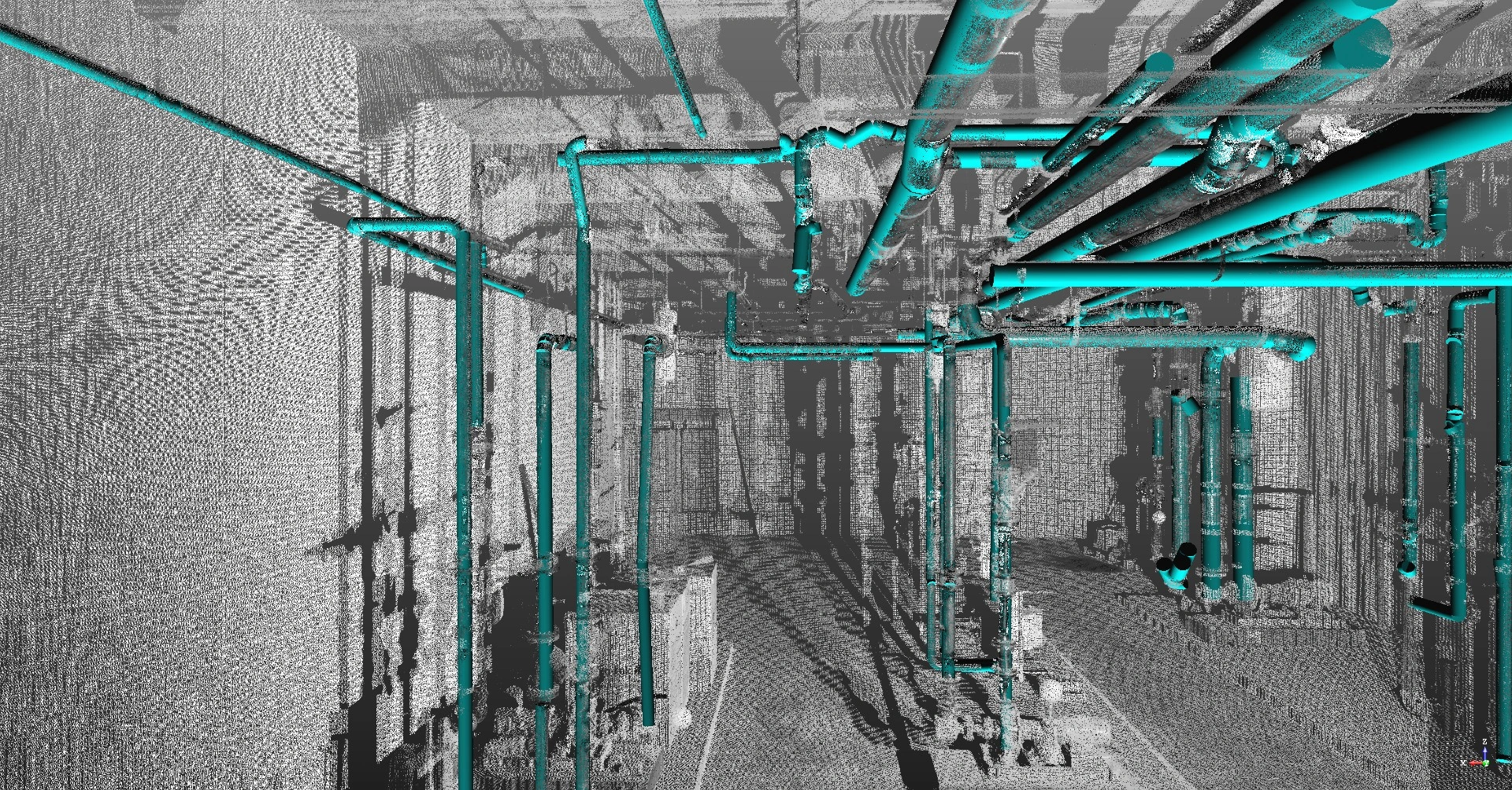 Mechanical room piping model over laser scan data
