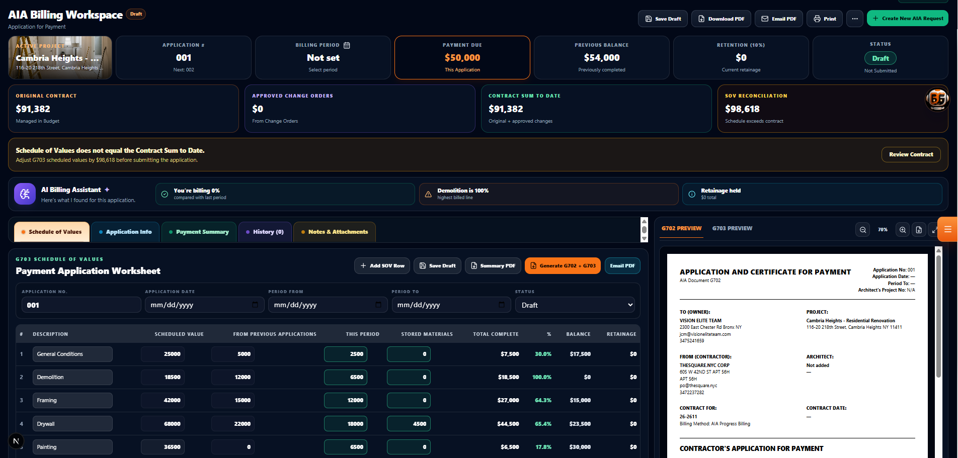 BuildFlow-CM AIA billing Schedule of Values