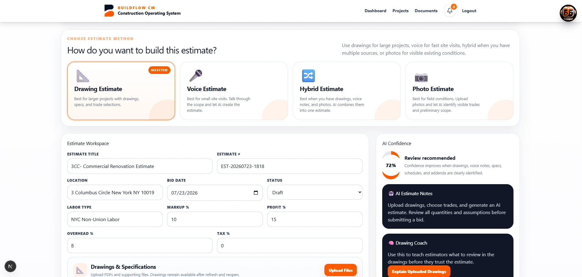 Detailed construction estimate inside BuildFlow-CM