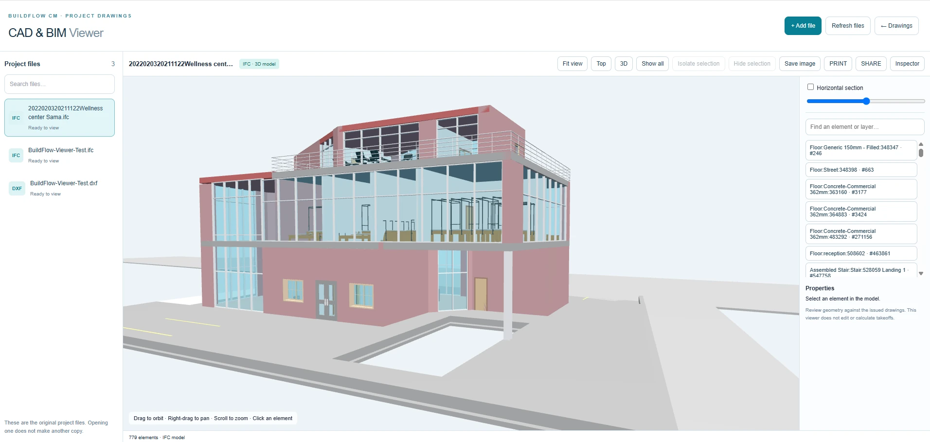 Actual BuildFlow-CM CAD and BIM Viewer displaying an IFC 3D architectural model, project file browser, section slider and element inspector