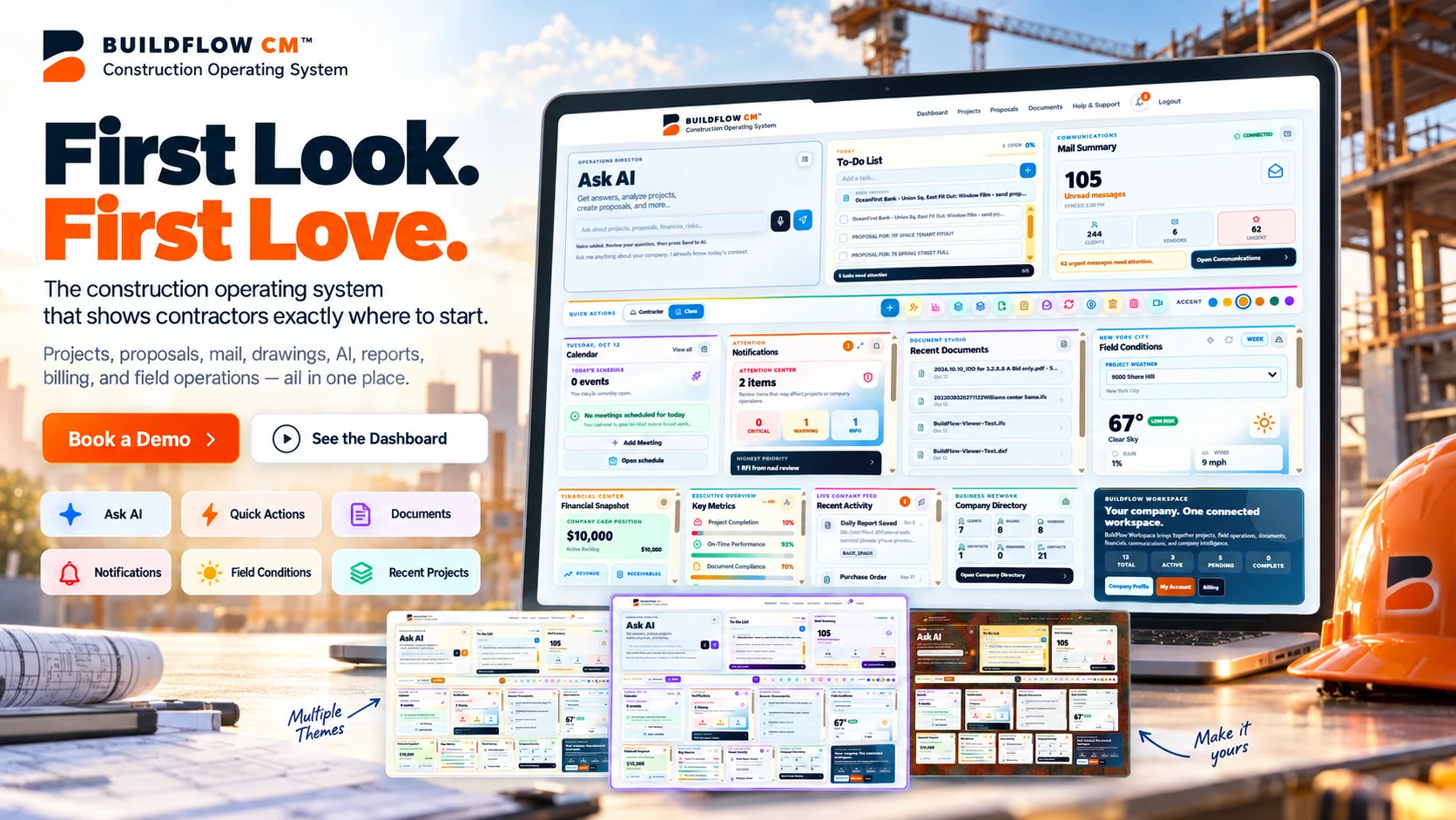 BuildFlow-CM First Look First Love marketing presentation, showing the construction dashboard and its connected tools