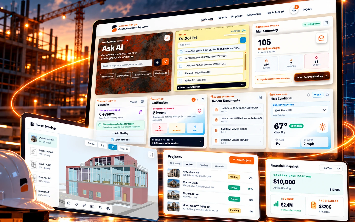 High-resolution BuildFlow-CM workspace showing active projects, dashboard, financial overview and a BIM model