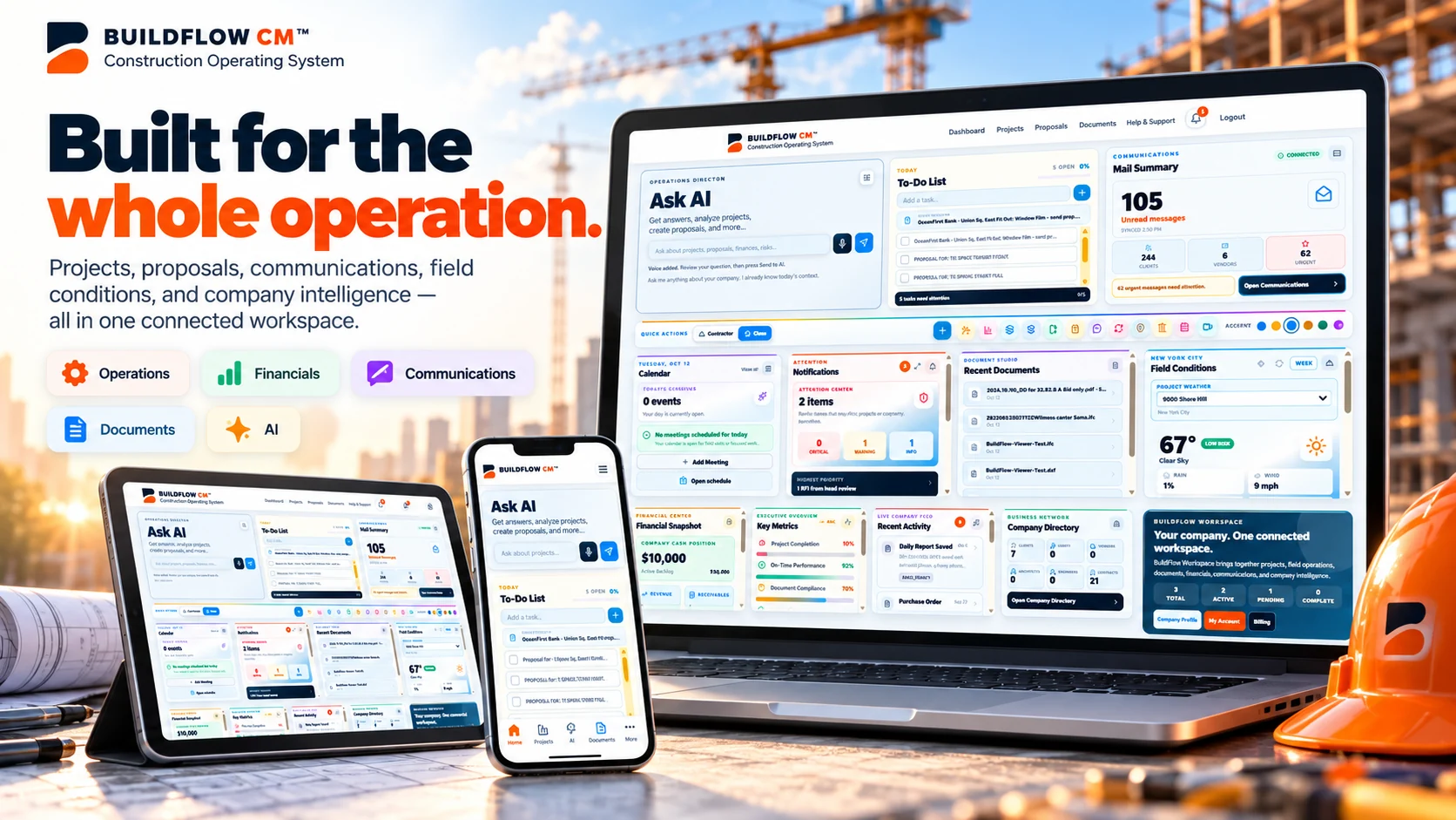 BuildFlow-CM marketing illustration showing connected construction management across desktop, tablet, and mobile