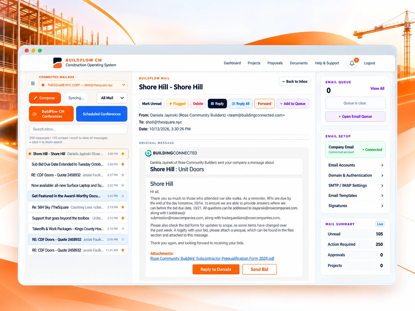 BuildFlow-CM Mail Center inbox, client email and message follow-up tools