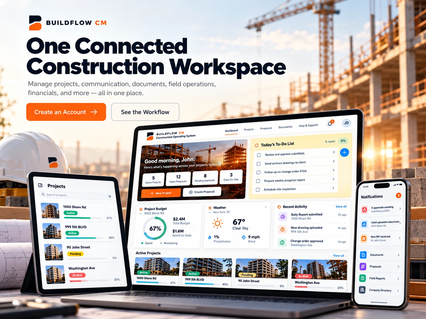 BuildFlow-CM connected construction workspace shown across desktop and mobile devices