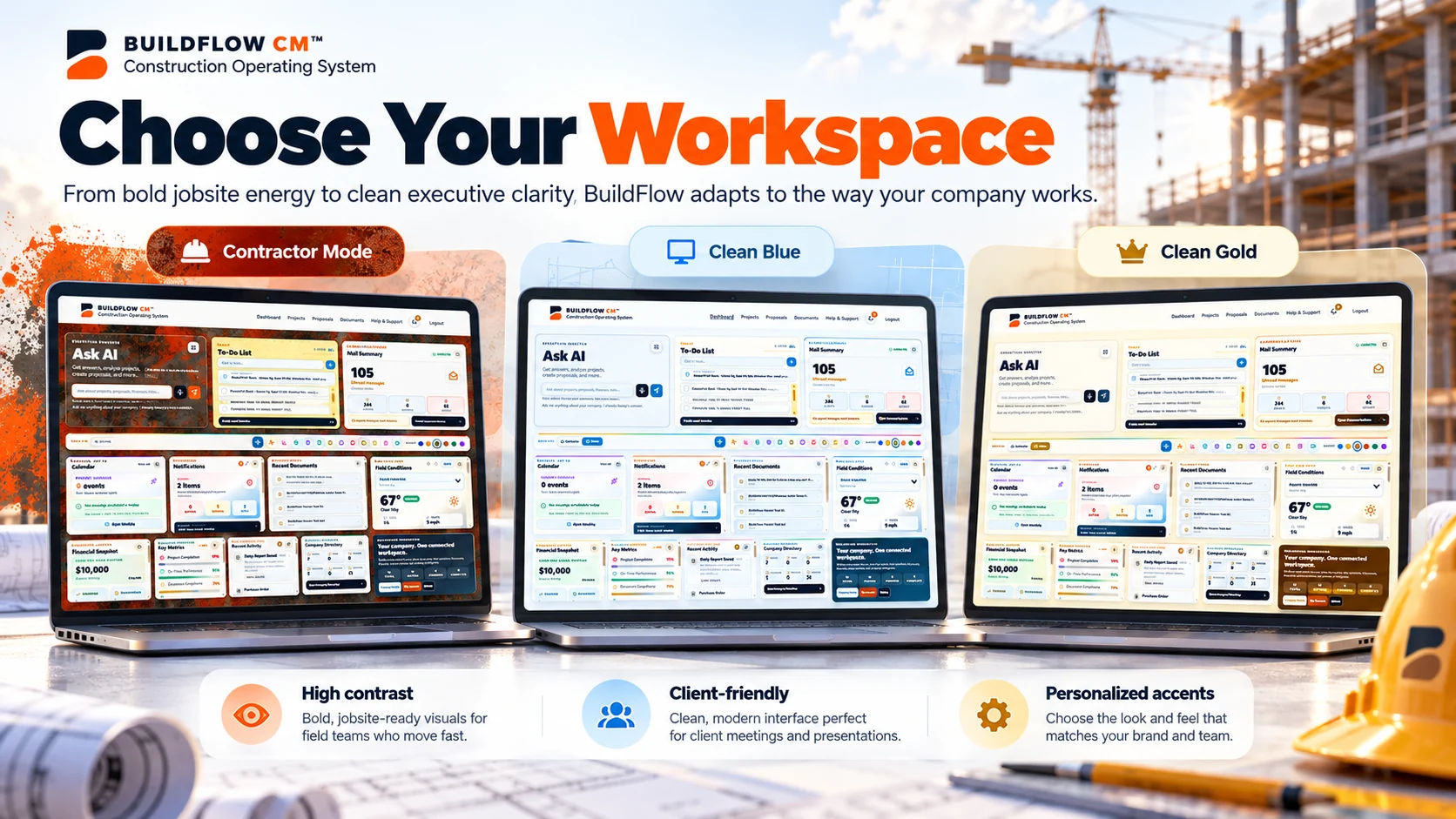 BuildFlow-CM marketing illustration comparing Contractor, Clean Blue and Clean Gold dashboard appearances